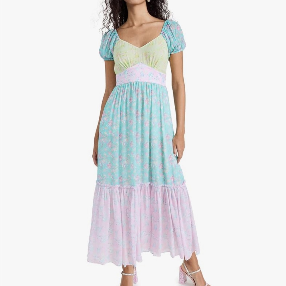 LoveShackFancy sz 4 Angie Maxi Dress Tiered Puff Sleeve Fuji Sunrise Print Mix